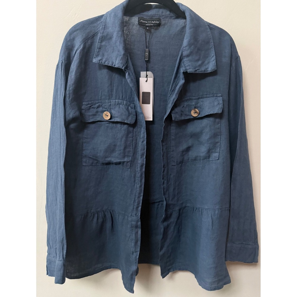NWT Flora Ashley‎ Womens Linen Shirt Blue Italy Size S Open Minimalist European